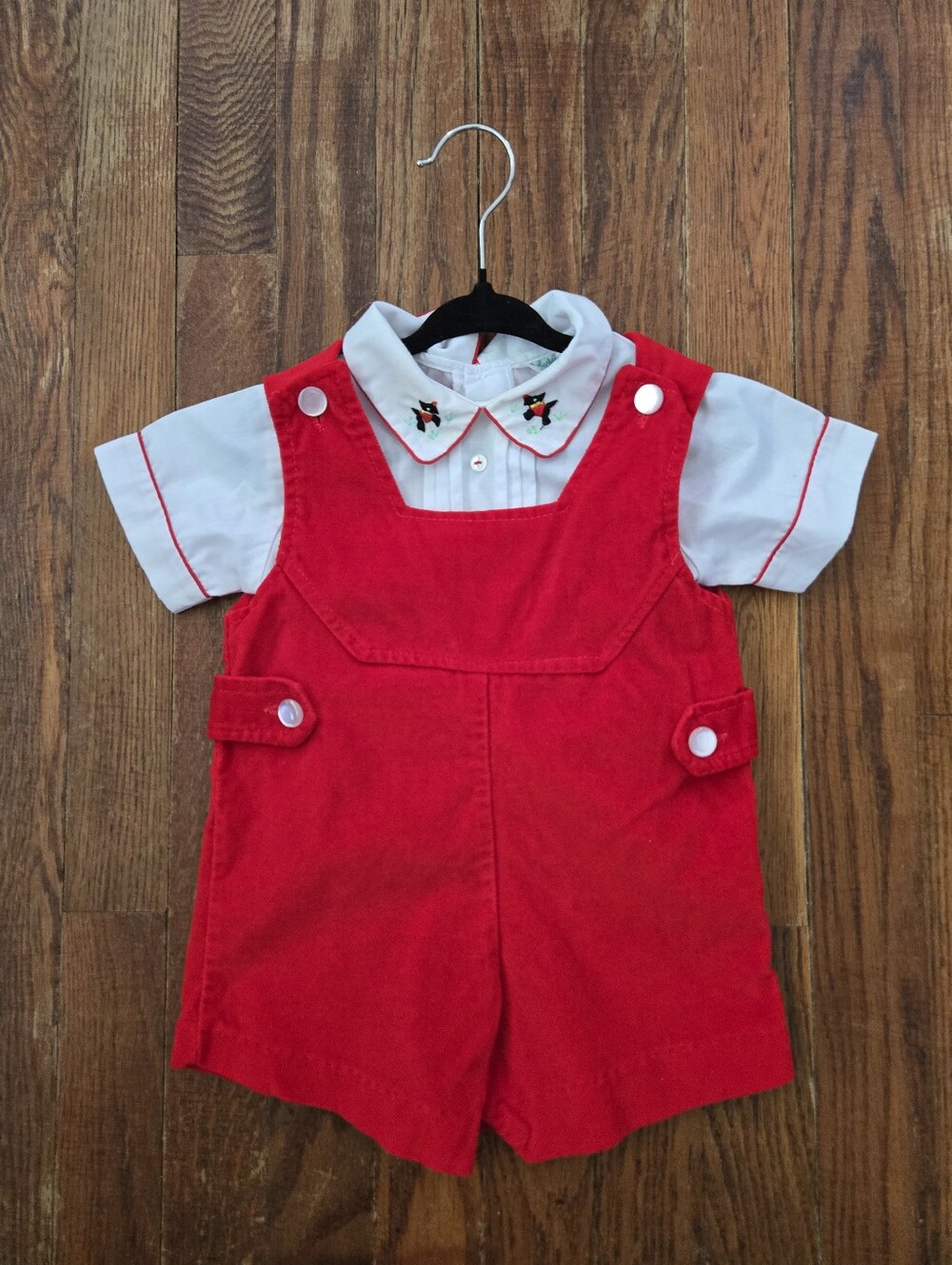 Vintage Baby 2Pc Set Red Velvet Romper Scotty Dog Embroidered Shirt 12-18M